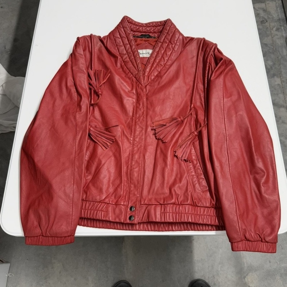 Danielle Vintage Red Leather Bomber Jacket Tassel Quilted Collar Size 11/12